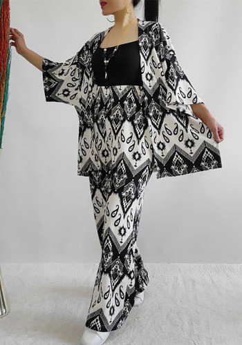Plus Size Women Fall Loose Printed Half-Sleeve Shirt and Wide-Leg Pants Casual Two-Piece Set