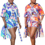 Women Casual Print Long Shirt and Shorts Two-Piece Set
