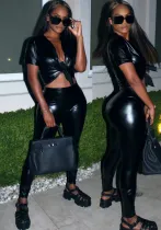 Women Sexy Pu Leather Short Sleeve Top and Pant Two-Piece Set