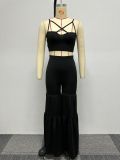 Sexy Slim Fit Solid Color Straps Tank Top Stretch Bell Bottom Pants Two-Piece Set