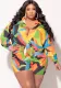 Fall Print Turndown Collar Plus Size Shirt Shorts Casual Ladies two piece set