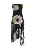 Autumn Fashion Chic Strapless Printed Tulle Midi Dress for Women