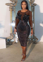 Sexy Feather Beaded See-Through Long Sleeve Patchwork Bodycon Dress