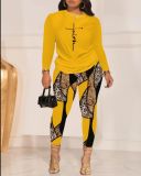 Women's Fall Fashion Casual Print long sleeve two piece pants Set