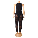 Women's Fashion Sexy Sleeveless Hollow Bodysuit Mesh See-Through ruched pants Ladies two piece set