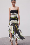 Autumn Fashion Chic Strapless Printed Tulle Midi Dress for Women