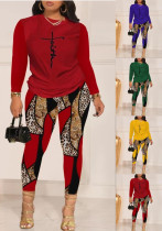 Women's Fall Fashion Casual Print long sleeve two piece pants Set