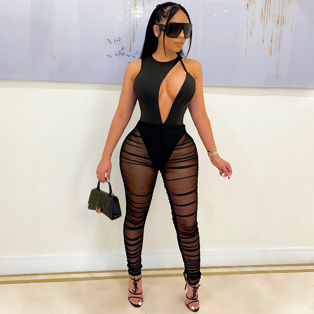 Women's Fashion Sexy Sleeveless Hollow Bodysuit Mesh See-Through ruched pants  Ladies two piece set - The Little Connection