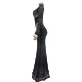 Women's Fashion Solid Color Mesh Beaded Long Sleeve Maxi Dress