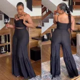 Sexy Slim Fit Solid Color Straps Tank Top Stretch Bell Bottom Pants Two-Piece Set
