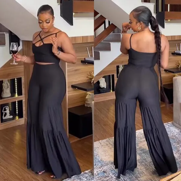 Sexy Slim Fit Solid Color Straps Tank Top Stretch Bell Bottom Pants Two-Piece Set