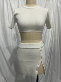 Women Sexy Split Button Crop Top and Skirt Two-Piece Set