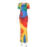 Women Sexy Elegant Round Neck Rainbow Dress