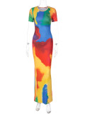 Women Sexy Elegant Round Neck Rainbow Dress