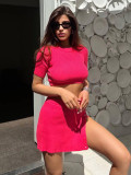 Women Sexy Split Button Crop Top and Skirt Two-Piece Set