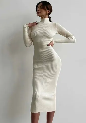 Women Turtleneck Ribbed Knitting Solid Maxi Dress