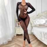 Women sexy long-sleeved leopard print one-piece mesh sexy lingerie