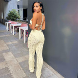 Women Fall Casual Ripped Halter Neck Lace Up Backless Jumpsuit