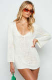 Women Sexy V Neck See-Through Loose Knitting Hollow Lace Dress