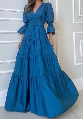 Women V Neck Long Sleeve Maxi Dress