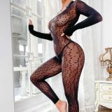 Women sexy long-sleeved leopard print one-piece mesh sexy lingerie