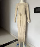 Women Casual Round Neck Wide Ribbed Knitting Maxi Dress