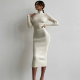 Women Turtleneck Ribbed Knitting Solid Maxi Dress
