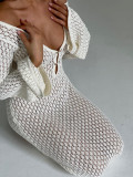 Women V-neck hollow knitting long-sleeved dress
