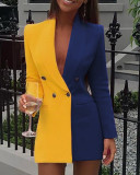 Women Contrasting Color V-Neck Suit Dress