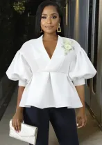 Plus Size Women Balloon Sleeves Turndown Collar Embroidered Top