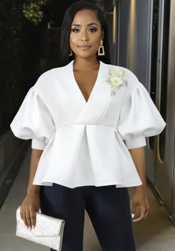 Plus Size Women Balloon Sleeves Turndown Collar Embroidered Top