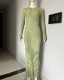 Women Casual Round Neck Wide Ribbed Knitting Maxi Dress