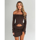 Women Sexy Solid Reversed Off Shoulder Top and Skirt Two-Piece Set