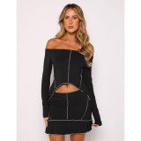 Women Sexy Solid Reversed Off Shoulder Top and Skirt Two-Piece Set