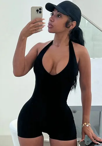 Summer Women's Sexy Casual Low Neck Halter Neck High Waist Tight Fitting Low Back Jumpsuit