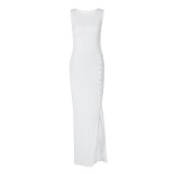 Women's Summer Sleeveless Button Slit Solid Color Slim Fashion Chic Dress For Women