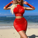 Sexy Lingerie Erotic Hollow Tight Fitting Mesh Sexy Temptation Long Sleeve See-Through Bodycon Skirt Set