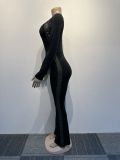 Sexy Beaded See-Through Mesh Patchwork Tight Fitting Flare Leg Jumpsuit