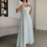 Summer Women's Sweet Chic Square Neck Floral Slit Long Dress