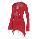Sexy Fall Long Sleeve Hollow Ruched Bodycon Women Dress