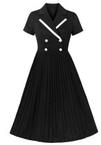 Vestido elegante ajustado de cintura delgada de manga corta con cuello vuelto plisado dulce Retro blanco y negro para mujer
