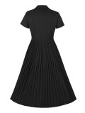 Black And White Retro Sweet Pleated Turndown Collar Short-Sleeved Slim Waist Slim Fit Elegant Dress For Women
