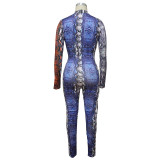 Women's Snake Print Sexy Cutout Lace-Up Long Sleeve Jumpsuit