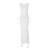 Women's Summer Sleeveless Button Slit Solid Color Slim Fashion Chic Dress For Women
