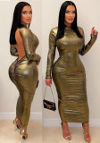 Women Summer Solid Round Neck Long Sleeve Bodycon Backless Maxi Dress