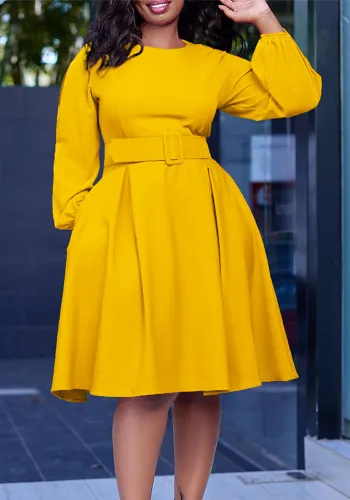 African Women Long Sleeve Round Neck Dress With Belt