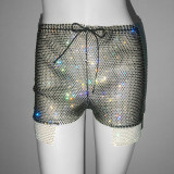 Women Super Glitter Diamond Fishnet High Waist Shorts Casual Rhinestone Shorts