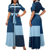 Women Printed Color Block Round Neck Short Sleeve Dress