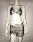 Women Rhinestone Fishnet Strap Top and Skirt Two-Piece Set