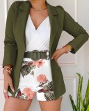 Women Casual Solid Blazer with Print Shorts Two-Piece Set with Belt